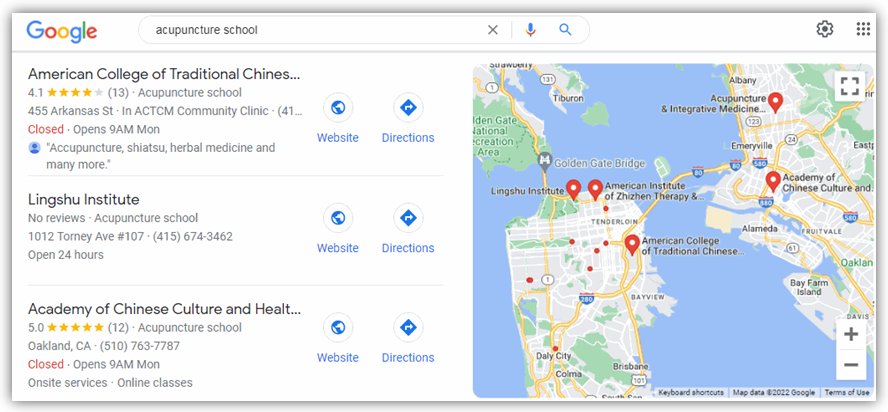 Search results page illustrating how Google displays local results on a map in conjunction with Google Business Profile listings.